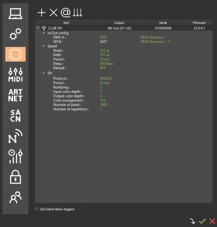 SPI device option window in PRO DMX 2
